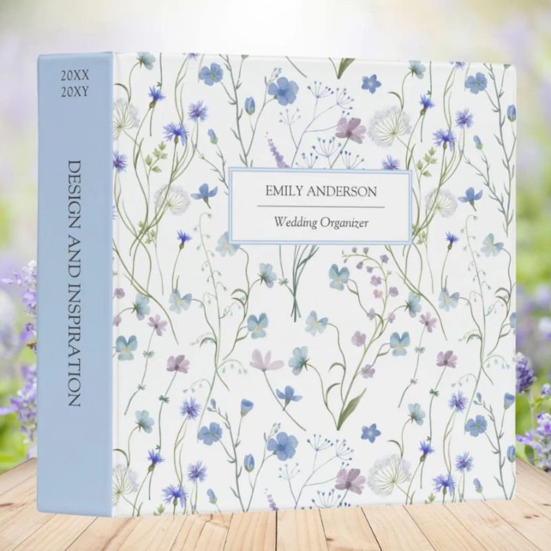 Blue Purple Pretty Wildflower Floral Pattern 3 Ring Binder