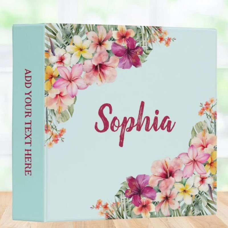 Monogrammed Tropical Pink Flowers Floral Botanical 3 Ring Binder