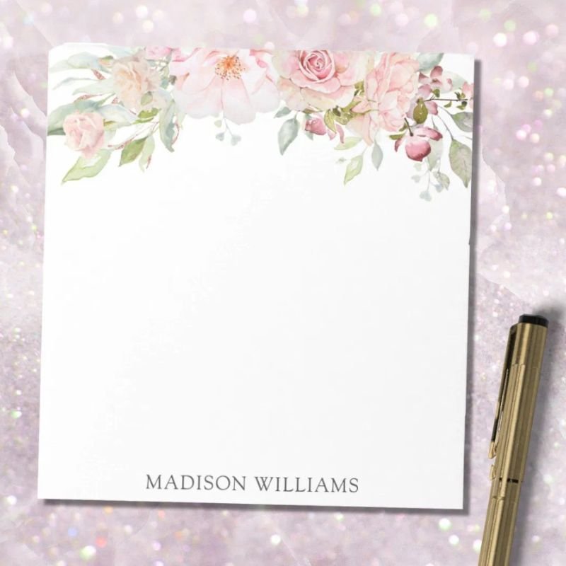 Monogrammed Pink Watercolor Rose Flower Elegant Notepad