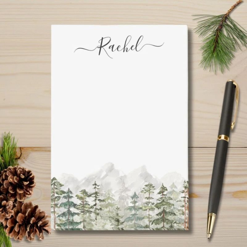 Monogram Watercolor Green Pine Forest on Mountain Post-it Notes