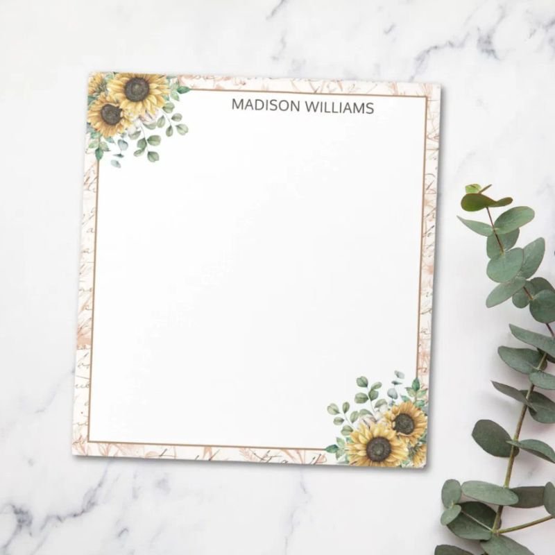 Monogrammed Vintage Rustic Sunflower Decoupage Notepad