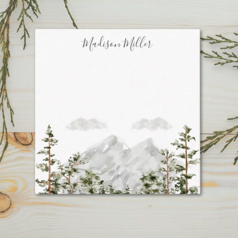 Monogrammed Watercolor Mountain and Forest Note Card