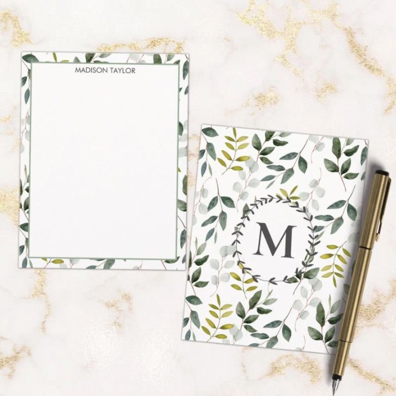 Monogrammed Green Leaves Watercolor Pattern Note Card
