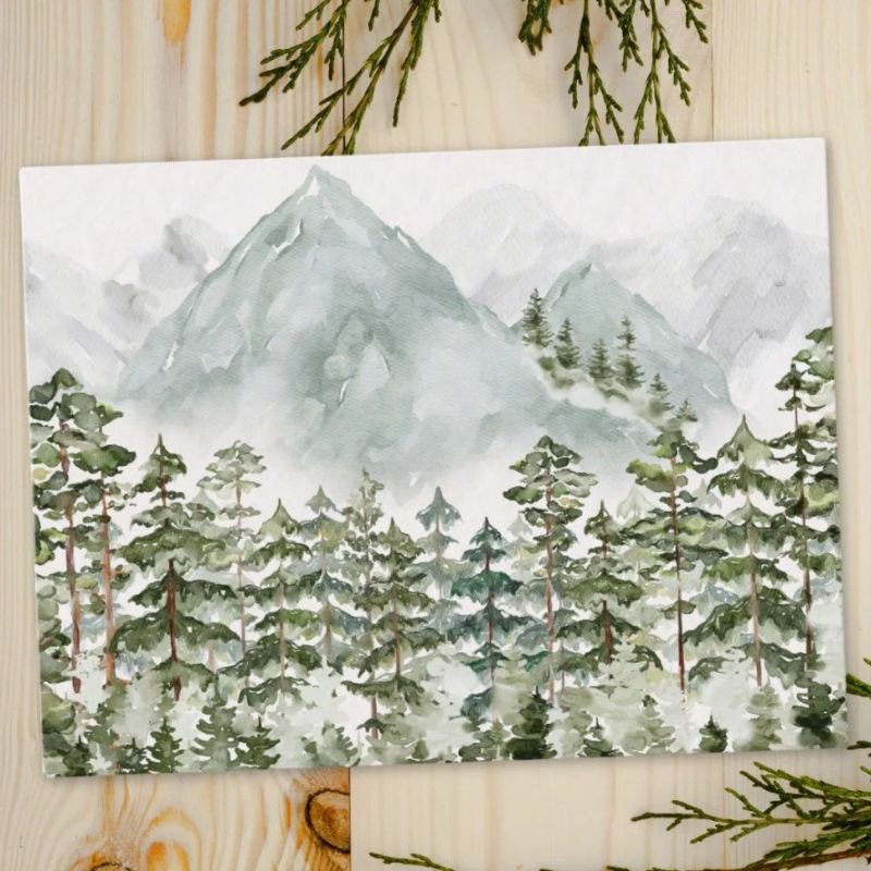 Pine Forest and Mountains Watercolor Postcard