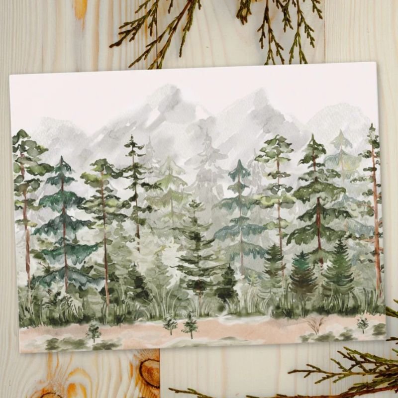 Watercolor Green Pine Forest on Mountain Postcard
