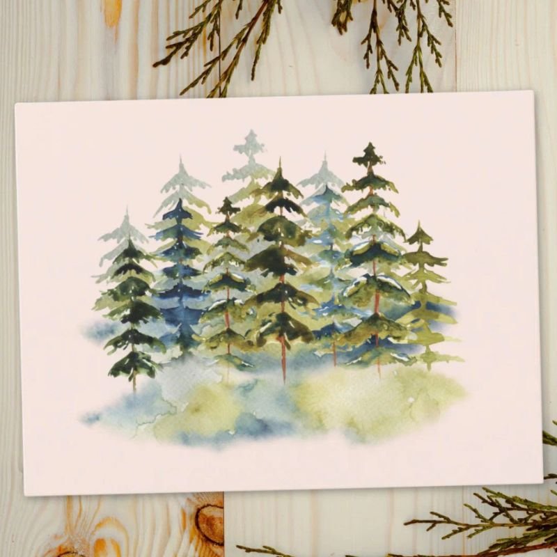 Watercolor Vintage Foggy Green Pine Forest Postcard