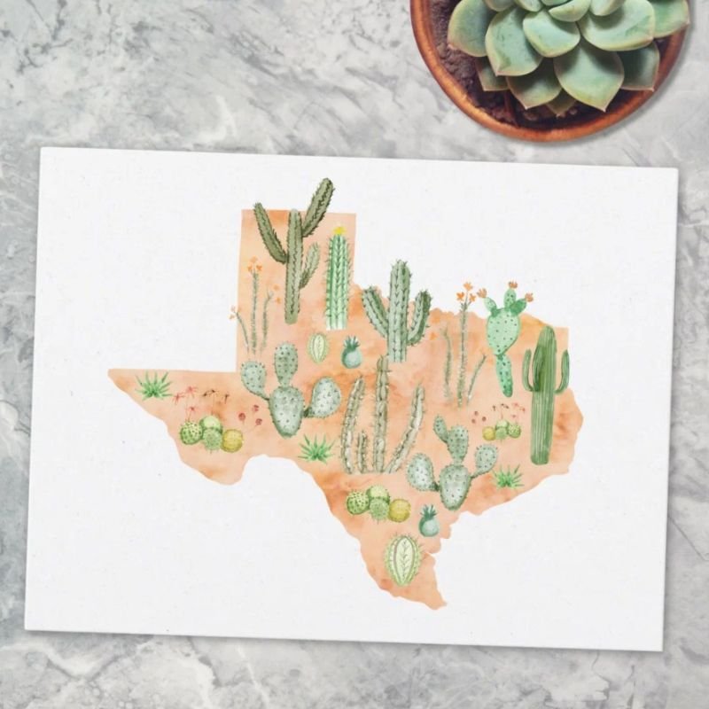 Texas Cactus Watercolor Illustration Map Postcard