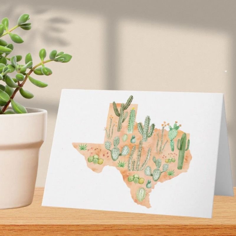 Texas Cactus Watercolor Illustration Map Folded Card