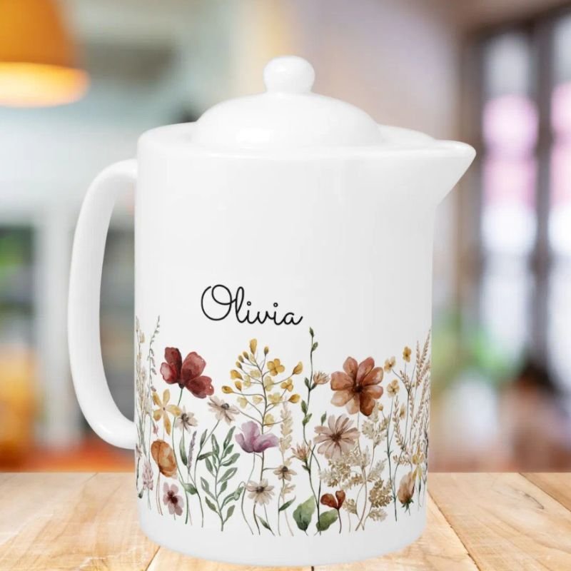 Monogram Watercolor Wildflower Pretty Floral Teapot