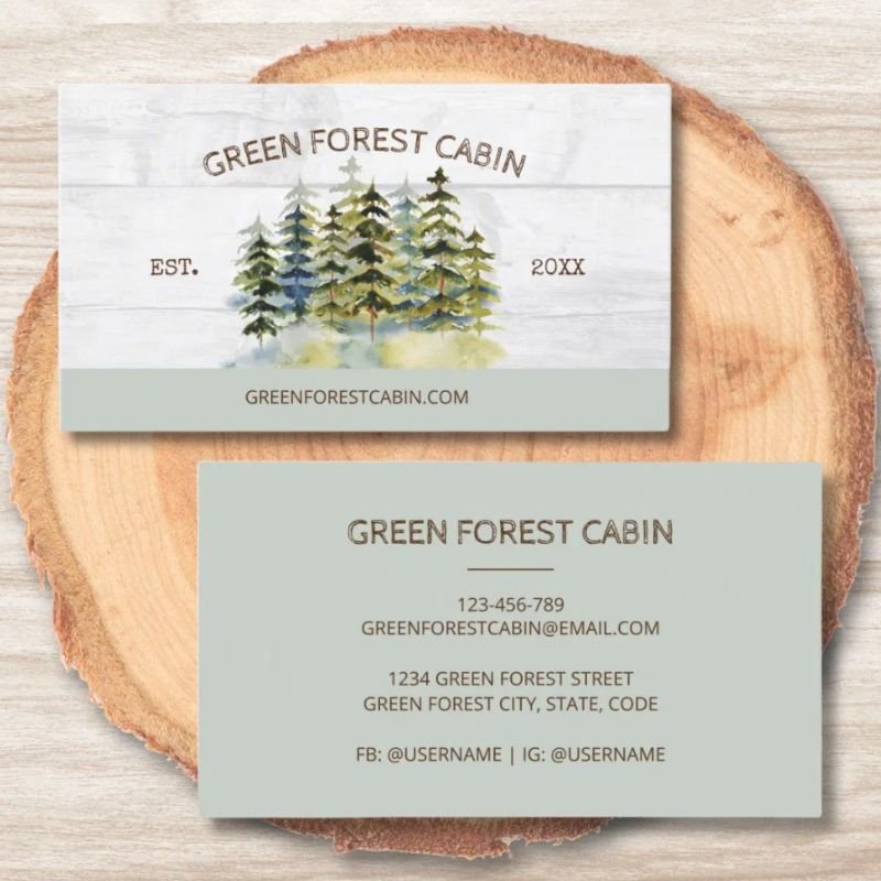 Vintage Foggy Green Forest Watercolor Cabin Lodge Business Card