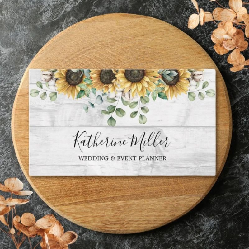 Rustic Sunflower Eucalyptus Wood Business Card