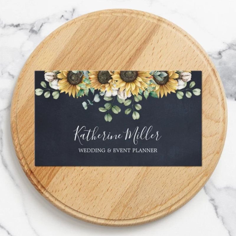 Rustic Sunflower Eucalyptus Black Chalkboard Business Card