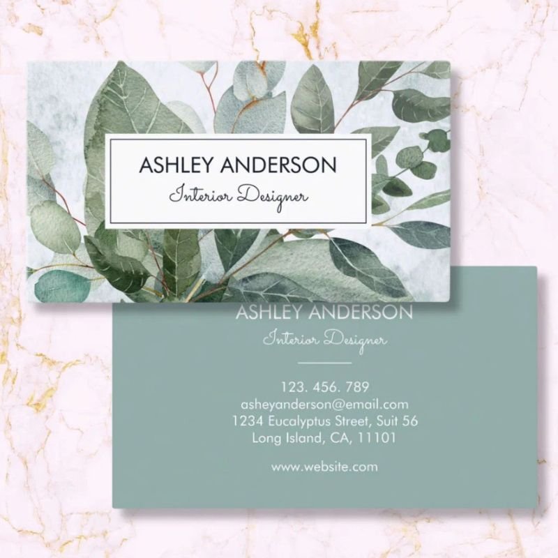 Watercolor Tropical Green Sage Eucalyptus Leaves Business Card