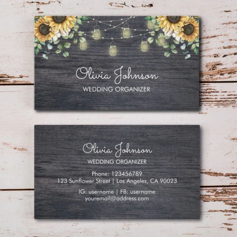 Rustic Sunflower String Light Wooden Business Card