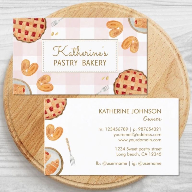 Gingham Pattern Watercolor Pastry Chef Bakery Business Card