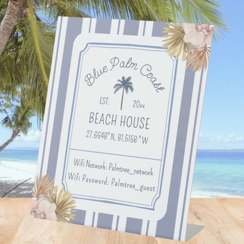 Beach House Blue Strip Coastal Boho Farmhouse Wifi Pedestal Sign