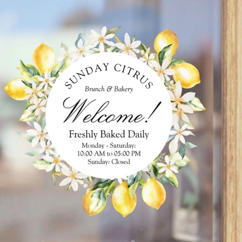 Yellow Lemons and White Flowers Floral Wreath Window Cling
