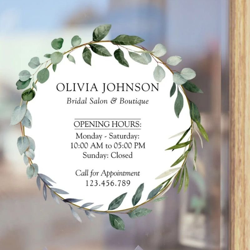 Watercolor Green Eucalyptus Leaves Opening Times Window Cling