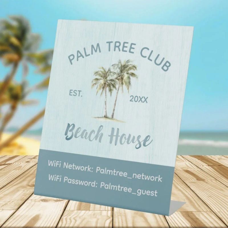 Blue Palm Tree modern Beach House WiFi Password Pedestal Sign