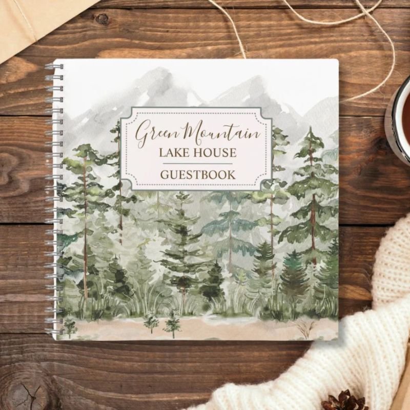 Green Forest Mountain Cabin Lake House Guestbook Notebook