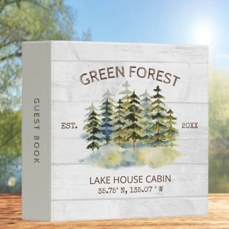 Foggy Green Forest Watercolor Cabin Guest Book 3 Ring Binder