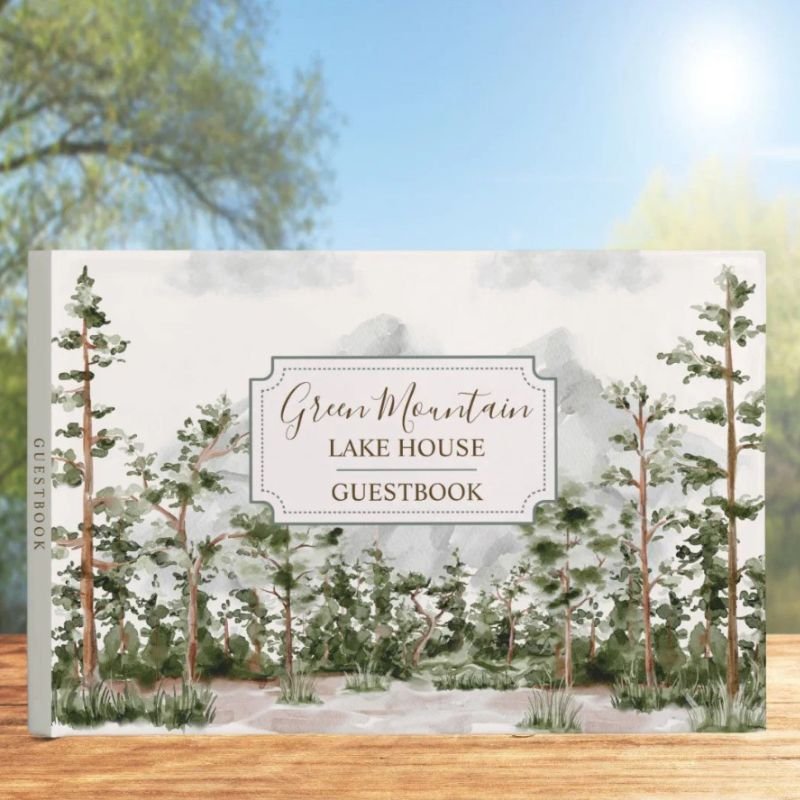 Watercolor Mountain and Forest Cabin Lake House Guest Book