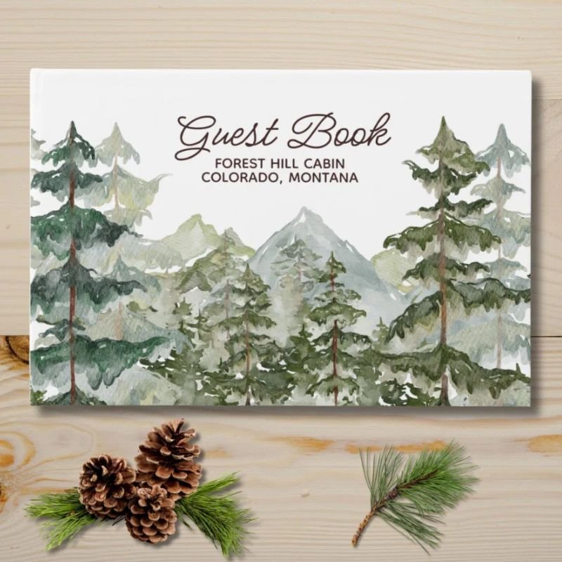 Watercolor Pine Forest Mountain Rustic Guest Book