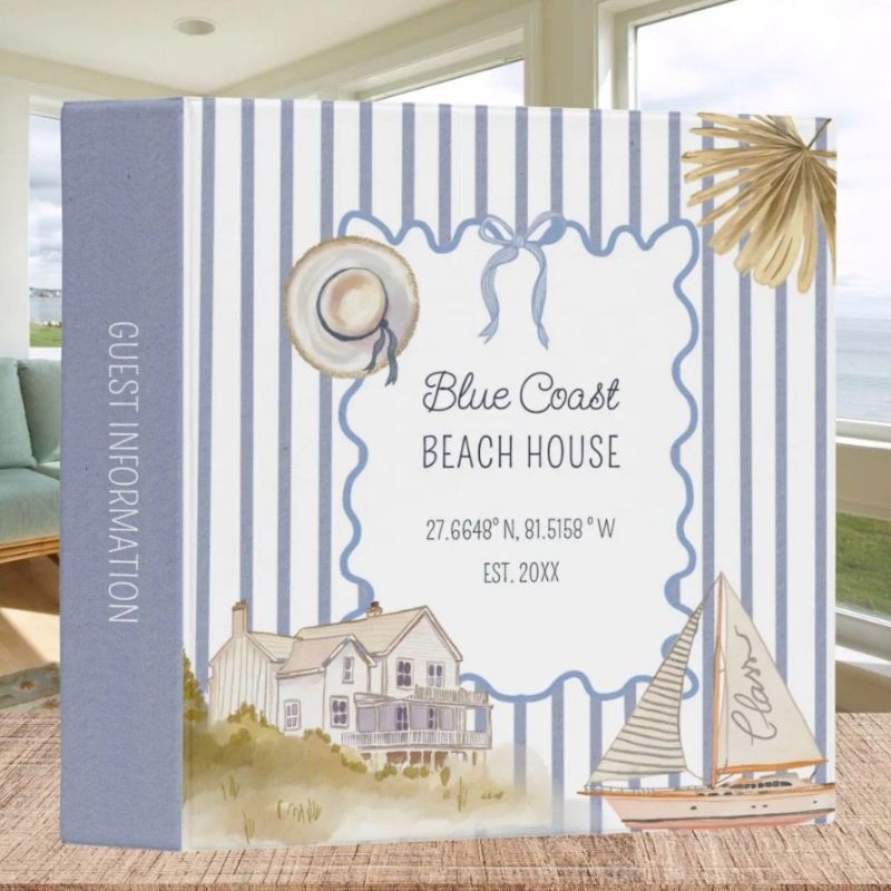 Beach House Blue Coastal Chic Guest Information 3 Ring Binder
