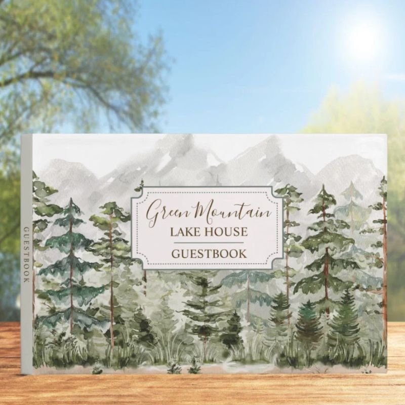 Watercolor Green Forest Mountain Cabin Lake House Guest Book