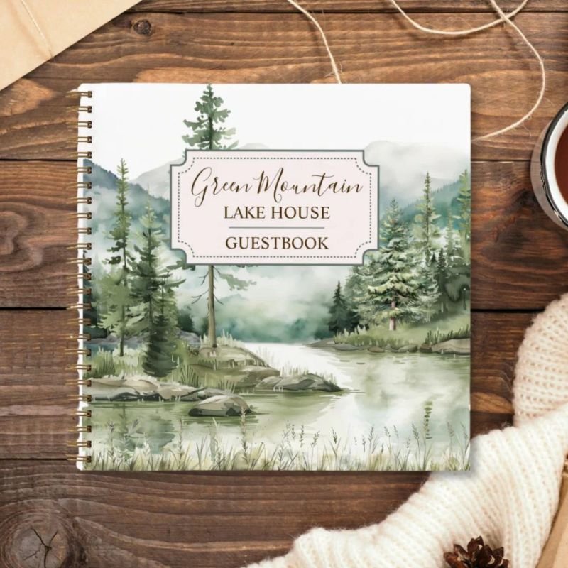 Pine Forest Lake Landscape House Cabin Guest Book