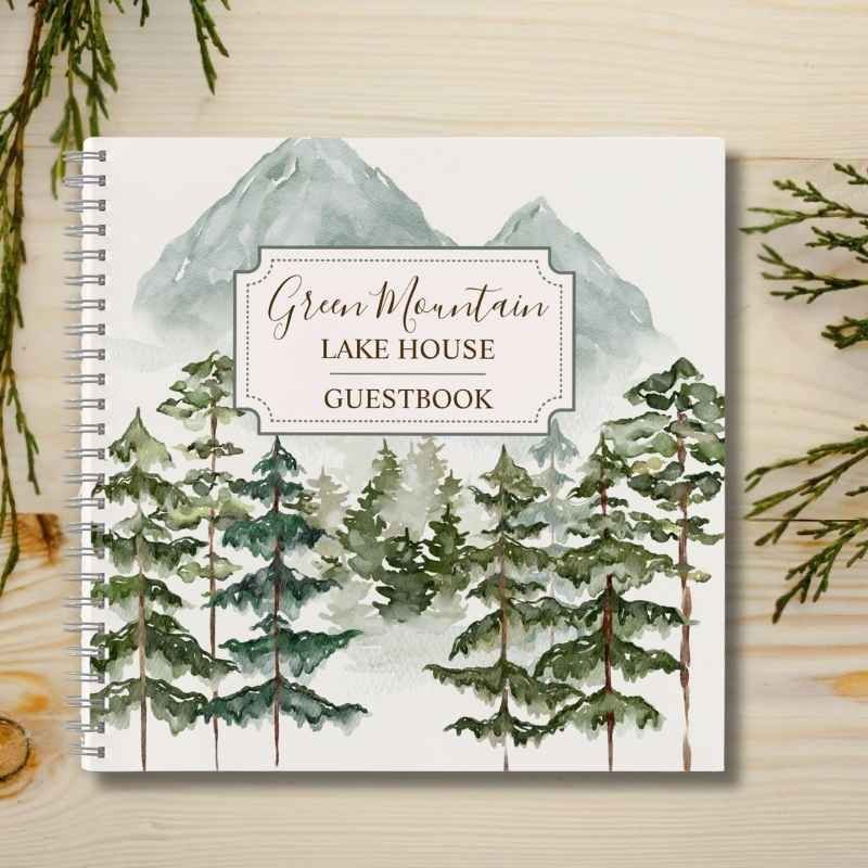 Watercolor Mountain Cabin Lake House Guestbook Notebook