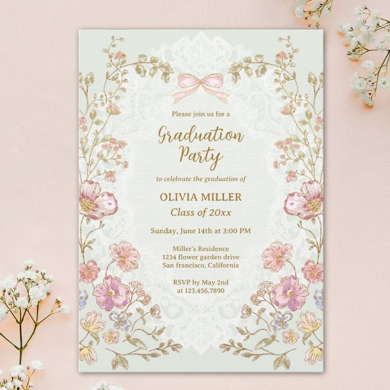 Elegant Pretty Vintage Floral Graduation Party Invitation