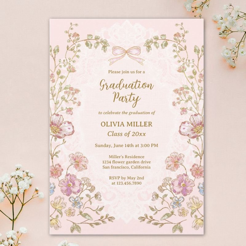 Elegant Pretty Vintage Floral Graduation Party Invitation